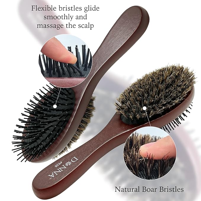 Donna Double Sided Styling Brush for Women - 100% Boar Bristles, Cushioned Wooden Detangling Brush for Wet Hair