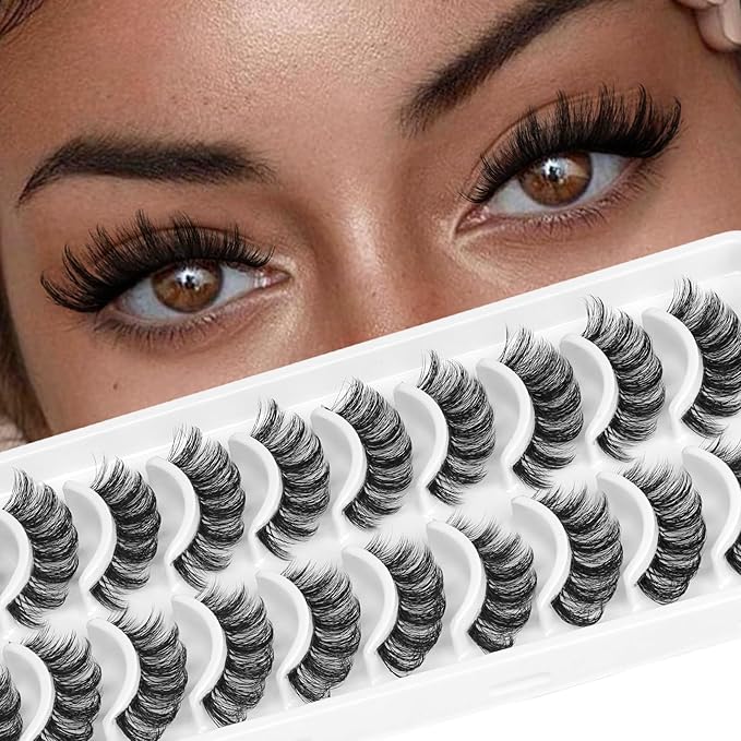 Ahrikiss Russian Lashes Clear Band False Eyelashes Wispy Natural Look, D Curl Fake Strip Eye Lashes Faux Mink Fluffy Eyelashes 10 Pairs Pack(R1)
