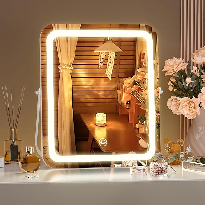 Hasipu Vanity Mirror with Lights, 10" x 12" LED Makeup Mirror, 3 Modes Light, Smart Touch Control Dimmable, 360°Rotation, Rectangle White Frame