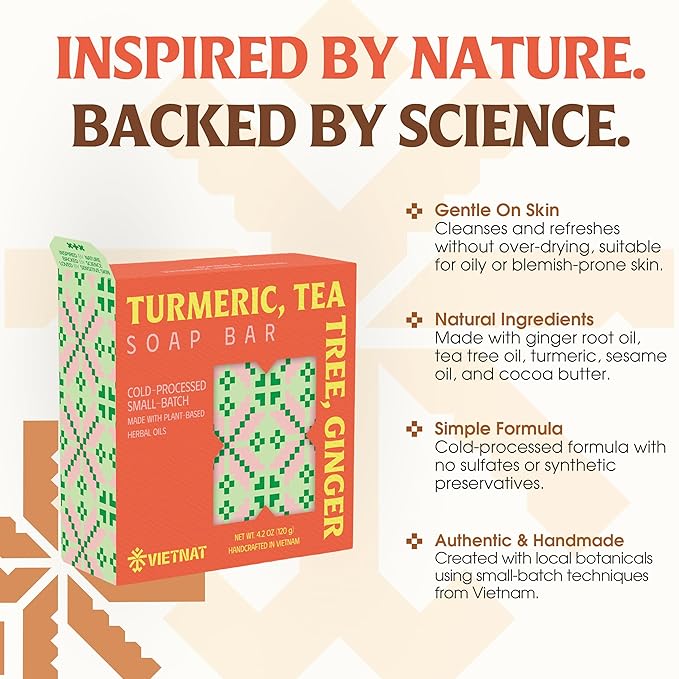 Turmeric, Tea Tree & Ginger Soap Bar (Pack of 5) – Cold Process Handmade Bar, 2-in-1 Cleansing & Invigorating Body Soap with Vietnamese Botanicals