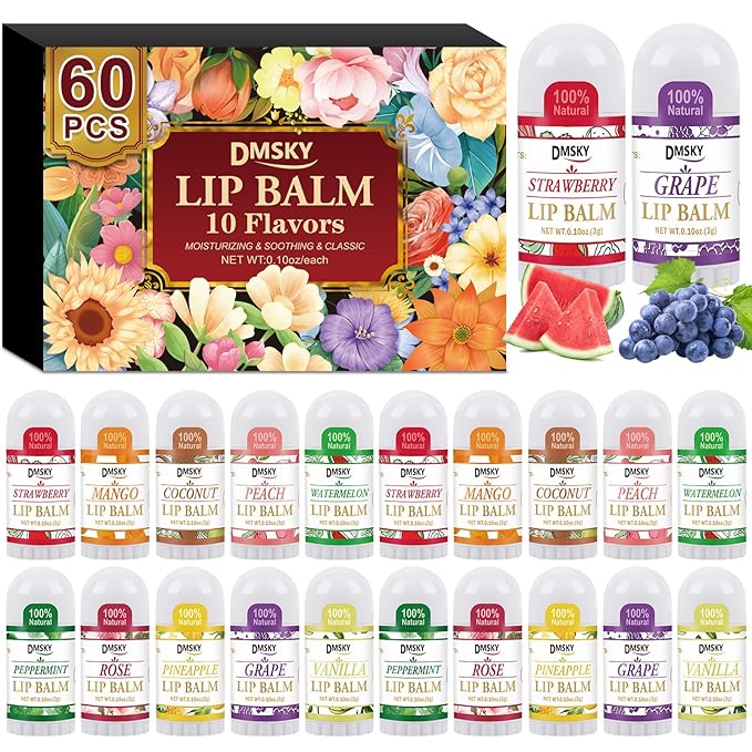 DMSKY Mini Lip Balm 60 Pack, Natural Lip Balm Bulk with Vitamin E and Coconut Oil, Moisturizing Lip Balms for Dry Cracked lips - 10 Flavors