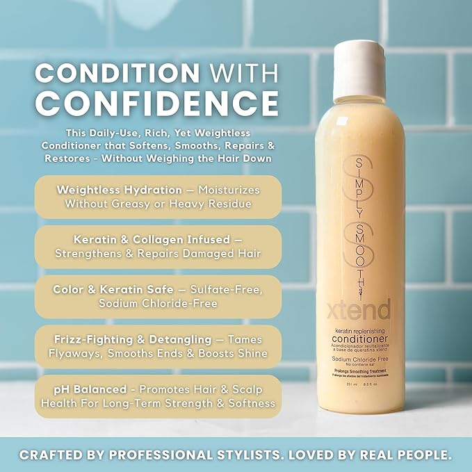 SIMPLY SMOOTH Xtend Keratin Replenishing Conditioner | Sulfate-Free Smoothing Moisture Repair | Anti-Frizz, Color Safe, Protein-Rich Daily Use | Strengthens, Softens, Detangles | 8.5 oz