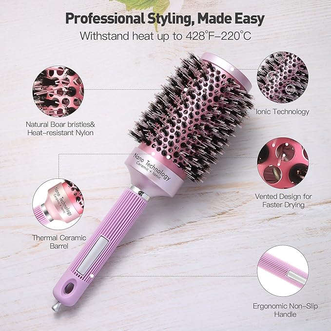 URTHEONE Round Hair Brush for Blow Drying, Ceramic Ionic Styling Tool with Mixed Bristles and Hair Clips, for Smooth and Voluminous Styles on Long Hair (2.1 Inch)