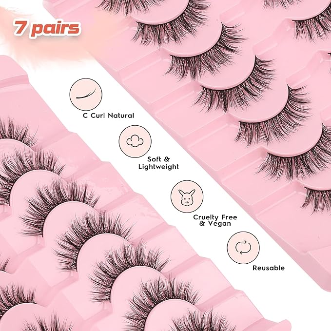 Lashes False Eyelashes Natural 16mm Wispy Lashes Pack Fluffy Eyelashes C Curl Strip Lashes Weightless Fake Lashes 0.1MM Thin Band Eyelash 3D Volume Siligli 7 Pair Lash