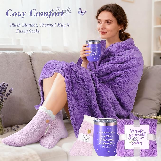 Valentines Day Gifts for Her Birthday Gifts for Women ,Self Care Get Well Soon Gifts Baskets Lavender Spa Kit Bath Set Gifts for Mom Girlfriend Wife Daughter Sister Best friend w/ Blanket