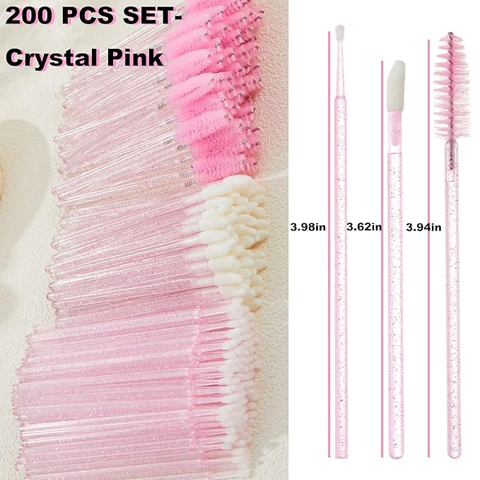 200PCS Disposable Eyelash Extension Kit for Professionals – Lash Spoolie Brushes, Micro Swabs, Mascara Wands, Lip Brushes for Eyelash Extensions, Tattoo, Lipstick Application(Crystal Pink)