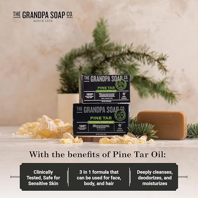 The Grandpa Soap Company Pine Tar Bar Soap for Men- Made With Pine Tar Oil, 3 in 1 Cleanser Deodorizer and Moisturizer, Dermatologist Tested, Safe for Sensitive Skin, 3.25 Oz, 3 Pack
