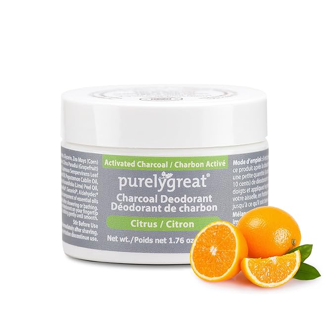Purelygreat - Citrus Scented Charcoal Deodorant Cream, Chemical-Free Hygiene Essentials for Women, Natural Deodorant for Men Made with Activated Charcoal, Soda & Essential Oils, 1.76 oz / 50 g