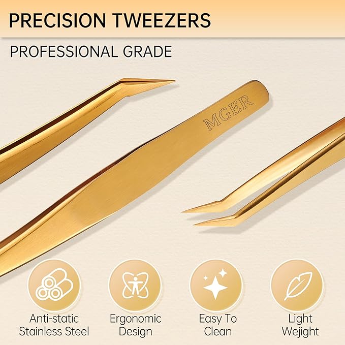 MGER Lash Tweezers for Eyelash Extension-Professional Lashing Tweezers for Mega Volume Mink Eyelashes Extensions Applying, Gold tweezers