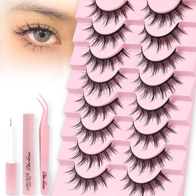 Ahrikiss Lashes Manga Lashes Natural Look Anime False Eyelashes 8 Pairs Faux Mink Lashes Kit with Lash Glue and Lash Tweezers Soft Wispy Fake Eyelashes Cosplay Spiky Strip Lashes (Comic Kit)