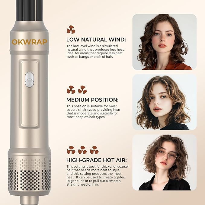 6 in ONE Blow Dryer Brush,Air Curling Iron Round Brush Blow Dryer 800W,Ionic Hair Dryer Brush for Women, Hot Air Brush Hair Styling Tools 100-120V (Golden Champagne)