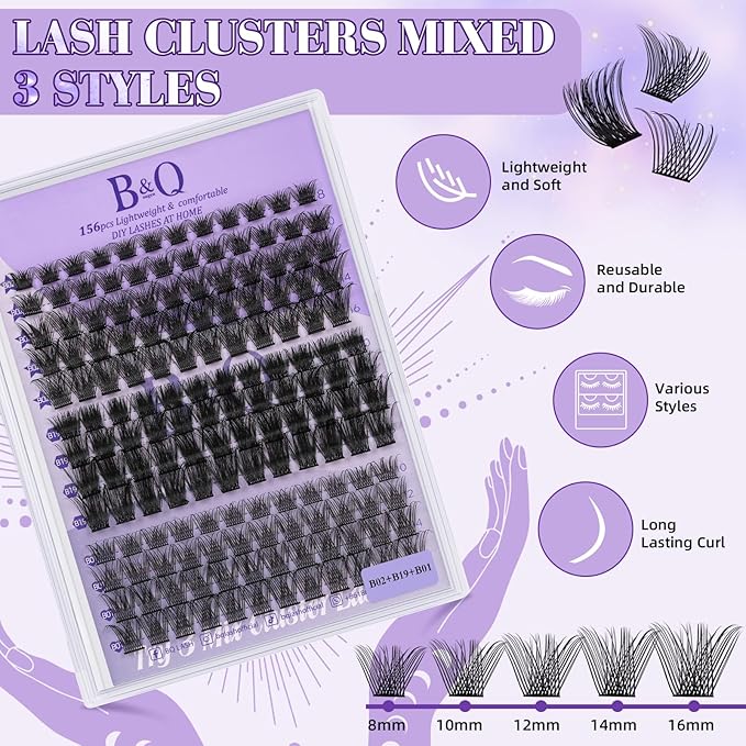 Lash Clusters Kit B01+B02+B19 Eyelash Extension Kit B&Qaugen DIY Lash Extension Kit 156 PCS Lash Clusters 8-18mm Cluster with Lash Bond and Seal Lash Applicator Tool (Kit,Andromeda)