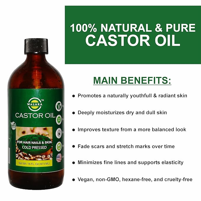 Pure 100% Original Castor Oil (16 oz) – USDA Certified Organic, Cold Pressed, Hexane-Free. Eyelash, Eyebrow & Hair Growth Stimulator, Skin Moisturizer & Hair Treatment
