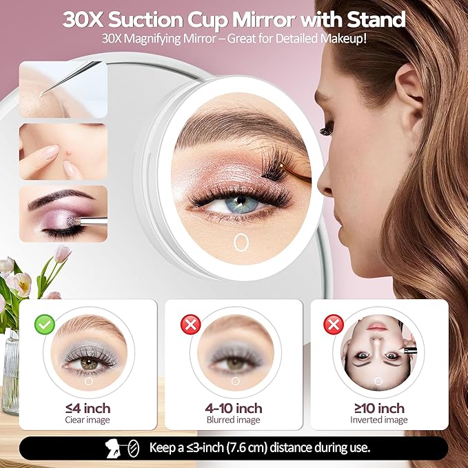 30X Magnifying Mirror Suction Cup, 6" Makeup Mirror with Lights, Rechargeable Travel Mirror with 3 Color Dimmable Lights for Precision Makeup, Fits Bathroom/Wall Suction/Hanging, White