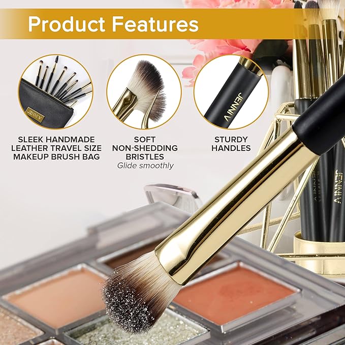 JENNI V Premium Travel Makeup Brushes Set - 14 Pc Mini Makeup Brushes with Handmade Leather Case - Portable Travel Makeup Brush Set with Holder - Travel Size Makeup Products for Blush, Foundation