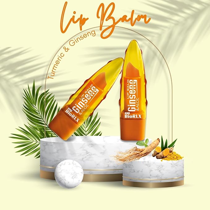 BioRLX 99% Purity Aloe Vera Lip Balm - Natural Moisturizing Unisex Lip Care for Hydrated and Radiant Lips (Ginseng & Turmeric, 0.12 Ounce (Pack of 2))