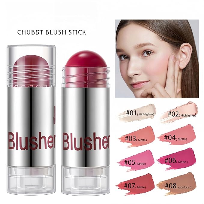 8 Color Multi-use Face Cream Blush Stick for Cheeks, Hydrating Long Lasting Makeup Blush Highlighter Stick for Cheeks Eyes Lips for Women(04)