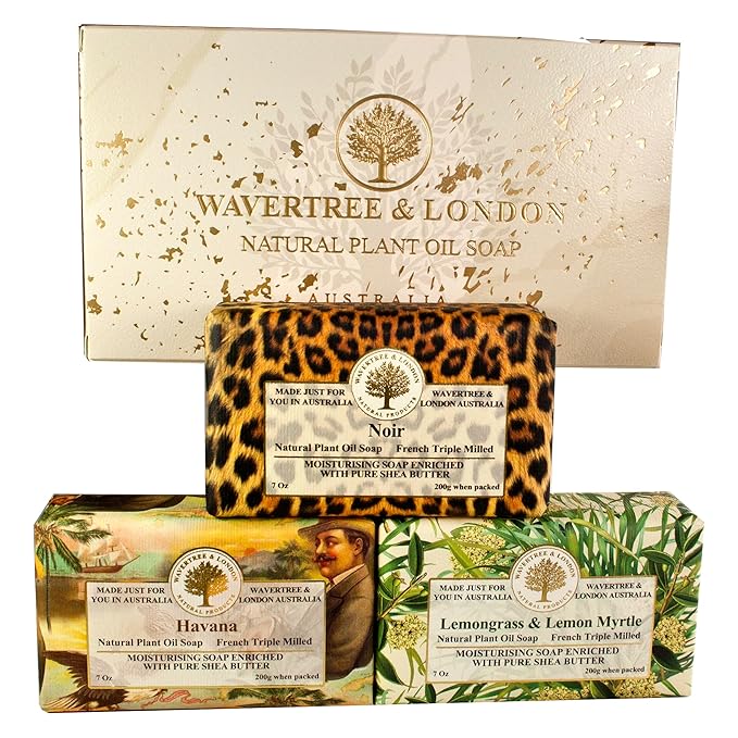 Wavertree & London Trio Gift Box (3 Bars) - 7oz Noir, Lemongrass and Havana Scented Moisturizing French Triple Milled Natural Soap Bars - Pure Plant Oil Soap Bars for All Skin Types