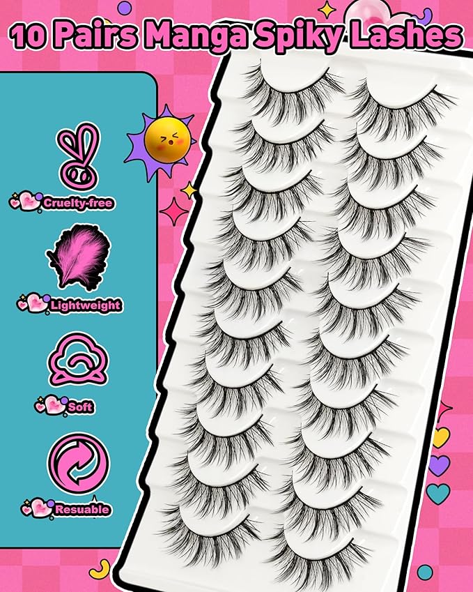 Manga Lashes Spiky False Eyelashes - Wispy Anime Natural Look False Eyelashes Cotton Band Strip Lashes 10 Pairs Cosplay Asian D Curl Fake Lashes by EMEDA(14mm #02)