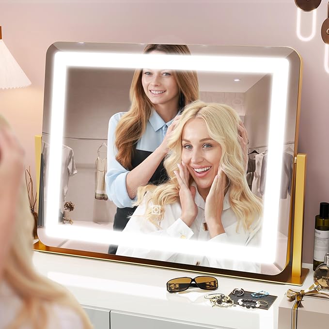 HNV Gold Vanity Makeup Mirror with Lights, 22"x17" Large Lighted Vanity Mirror, Dimmable LED with 3 Color Touch Lighting, Tabletop Mirror for Desk or Bedroom, 360° Rotation