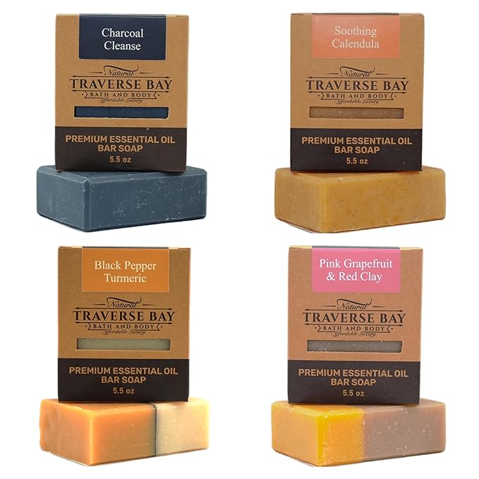 Traverse Bay Bath and Body Natural Cold Process Soap Ultimate Skin 4-Bar Variety Pack, Brown Windsor, French Lavender, Eucalyptus Mint, Bergamot Rose, 5.5 oz Each, 22+ oz Total