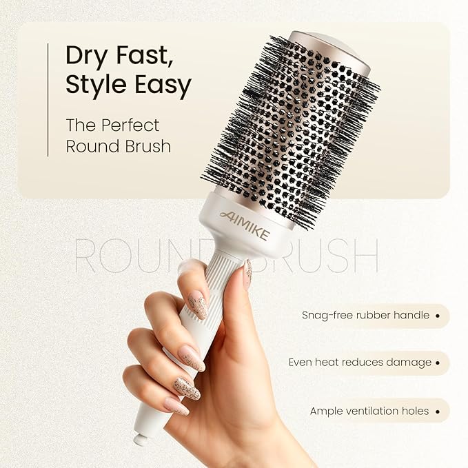 AIMIKE NaturaVol Round Brush for Blow Out, Large Round Hair Brush w/Nano Thermal Ceramic Tech, for Blow Drying & Styling, Boost Volume & Smoothness, with 2 Clips (2.1 Inch Barrel, 3 Inch Bristle)