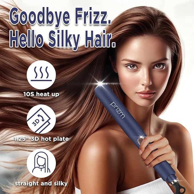 Prizm 1.25 inch (32mm) Flat Iron, Hair Straightener and Curler 2 in 1, Fast Heating Ceramic & Adjust Temp 330°F to 450°F, Dual Voltage Hair Iron for Travel, Gift, Auto Shut-Off, Prussian Blue