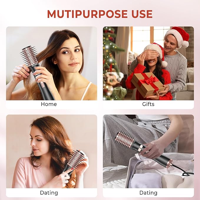 Rotating Hair Dryer Brush, 4 in 1 Round Hot Air Spin Brush Set, Volumizer Blow Dryer Brush with 2 Brushes (2" & 1.5"), Straightener and Concentrator (Rose-Gold)