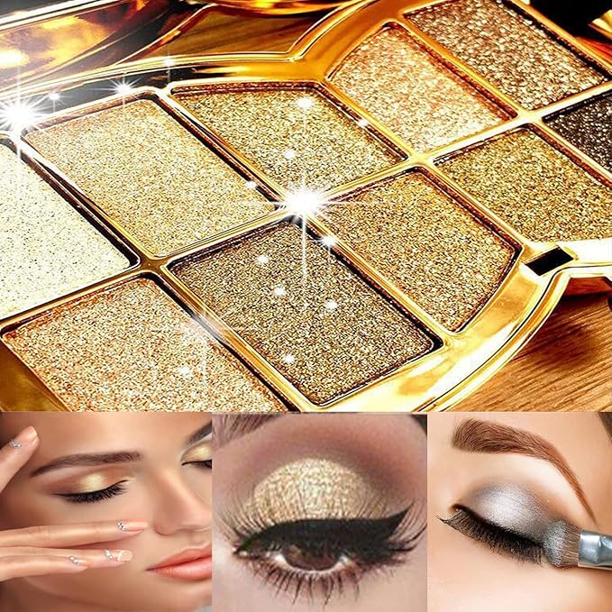 Glitter Eyeshadow Palette Makeup Set,10 Colors Shimmer Eyeshadow Palette Gold Eyeshadow Highly Pigmented Long Lasting Waterproof Sweatproof Professional Nude Eyeshadow