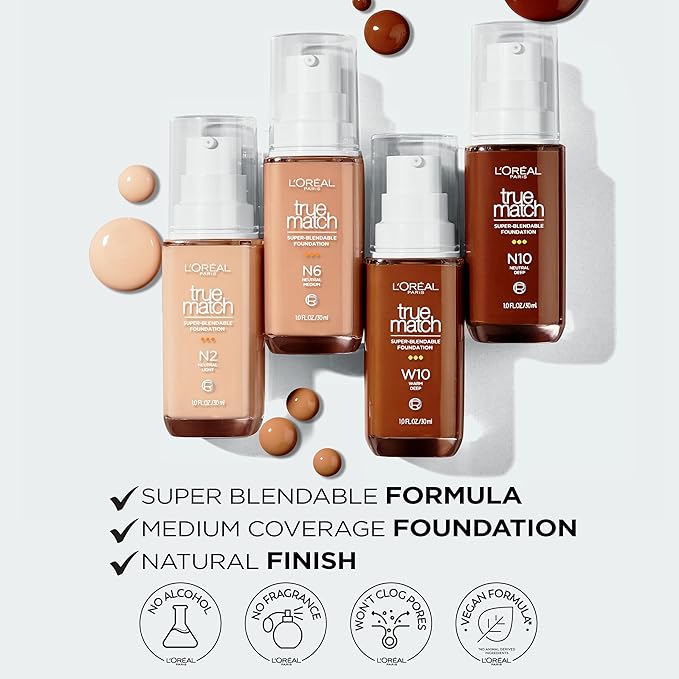 L'Oreal Paris True Match Super-Blendable Foundation, Medium Coverage Liquid Foundation Makeup, C9.5, Deep, 1 Fl Oz