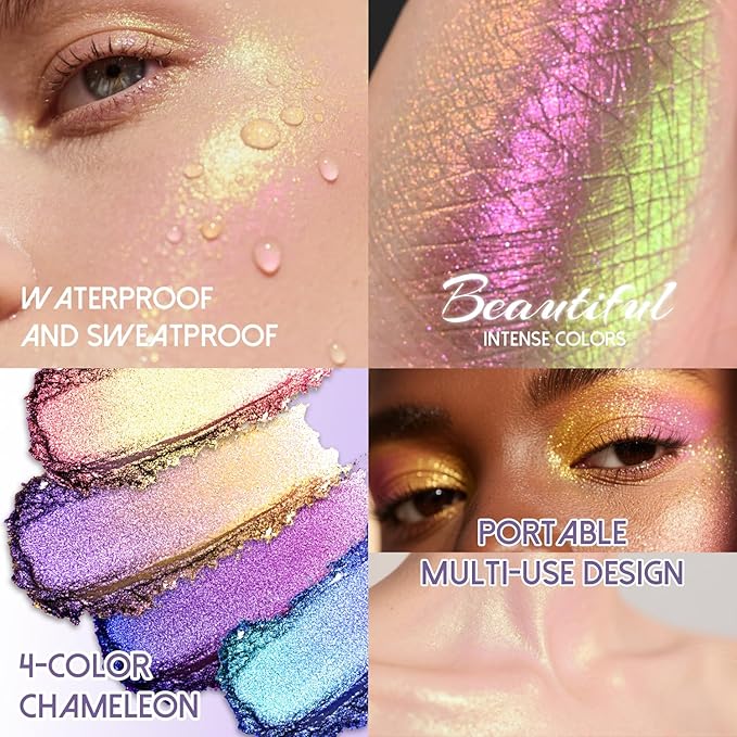 CHARMACY 4 Colors Chameleon Eyeshadow & Highlighter Palette - Shift-Infused Multichrome Pressed Pigments, Long-Lasting Velvet Finish, Vegan & Cruelty-Free Makeup Kit #04