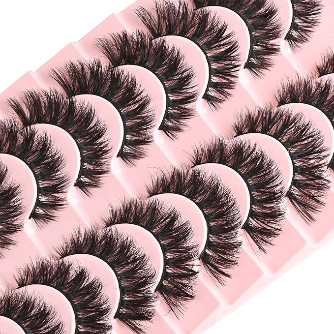 FARRED False Lashes Natural Strip Eyelashes 14mm Wispy Cat Eye Lash Strips Full Volume Mink Eyelash Pack Natural Look 10 Pairs Thick Fluffy Mink Russian Pestañas Postizas for Women