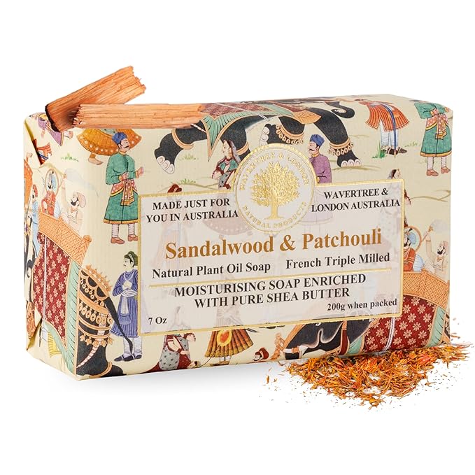Wavertree & London Sandalwood Patchouli Scented Natural Soap Bar, 7oz Moisturizing French Triple Milled Soap Bar for Women & Men Enriched with Organic Shea Butter, Pure Bath & Body Soap (1 Bar)