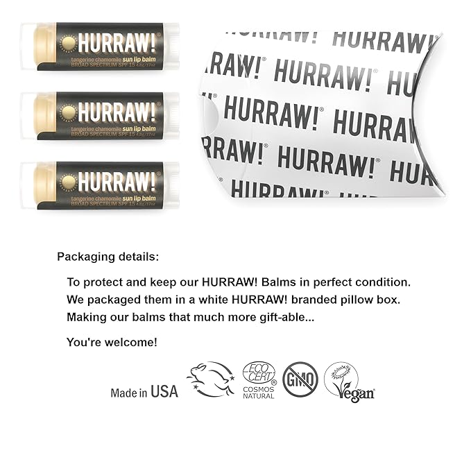 Hurraw! Sun Lip Balm (Zinc Oxide Protection, Broad Spectrum SPF 15, Tangerine, Chamomile), 3 Pack: Organic, Certified Vegan, Gluten Free. Non-GMO, All-Natural. Bee, Shea, Soy & Palm Free. Made in USA