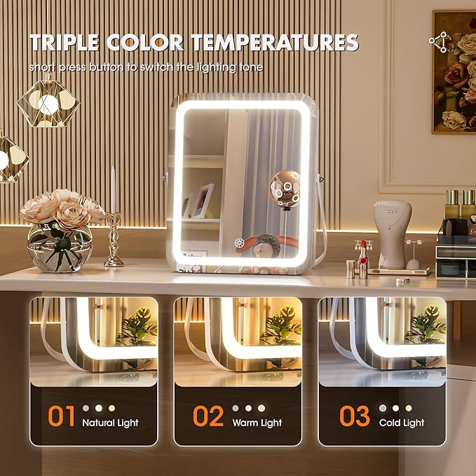 Hasipu Vanity Mirror with Lights, 10" x 12" LED Makeup Mirror, 3 Modes Light, Smart Touch Control Dimmable, 360°Rotation, Rectangle White Frame