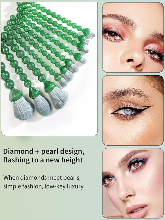 COSHINE Unique Diamond and Pearl Design Makeup Brush Set, 10pcs Cute and Full Complete Powder, Concealer, Blush, Eye Shadow Cosmetic Brushes Kit (GREEN)