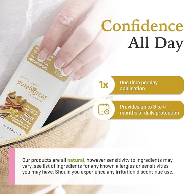 Purelygreat - Spice-Scented Natural Deodorant Stick, Travel-Friendly Hygiene Essentials for Women, Natural Deodorant for Men Without Aluminum & Parabens, 2.64 oz / 75 g