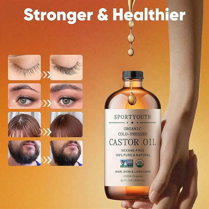 SPORTYOUTH Castor Oil Organic - Cold Pressed, Hexane Free, 100% Pure, USDA Certified, Unrefined Glass Bottle 32oz Non-GMO Carrier Oil for Face, Skin, Hair Growth, Castor Oil Pack, Eyelashes, Brows