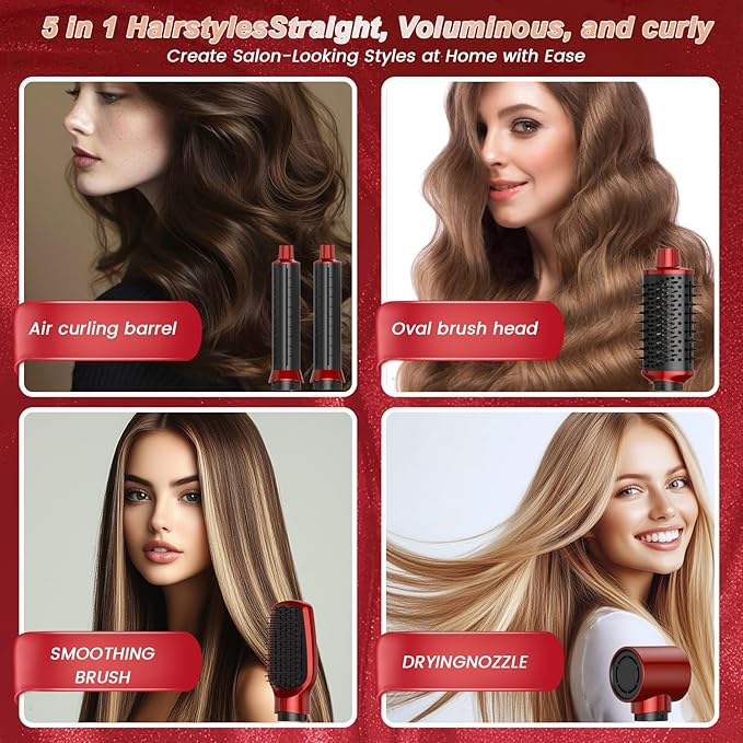 5 in 1 Blow Dryer Brush - Hair Dryer Brush & Air Curling Wrap Styler with Negative Ion Technology, Hot Air Styler for Drying, Curling, Straightening, at Home Styling Gifts for Women