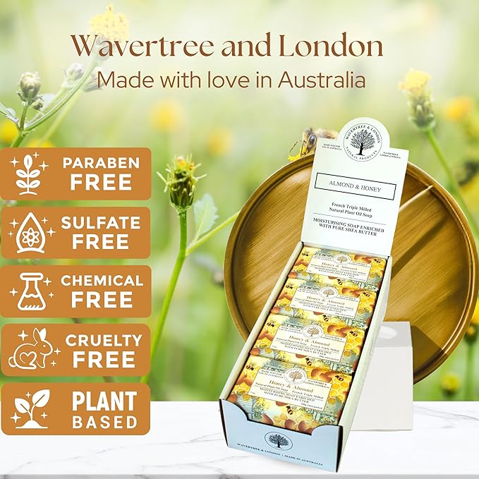 Wavertree & London Honey Almond Scented Natural Soap (8 Bars), 7oz Moisturizing French Triple Milled Soap Bars enriched with shea butter - Pure Plant Oil Bath & Body Bars for All Skin Types