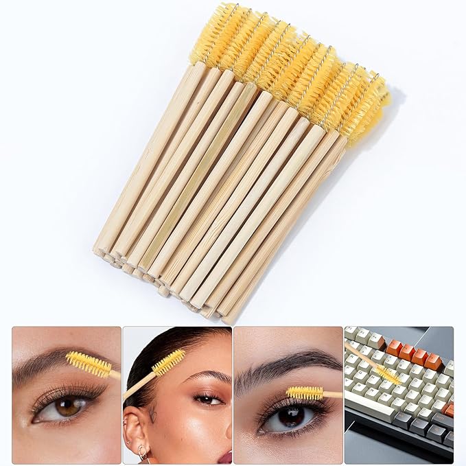 MyAoKuE-UP 100 Pack Bamboo Handle Mascara Wands Disposable Eyelash Brushes Eco-friendly Lash Extension Tool, Yellow