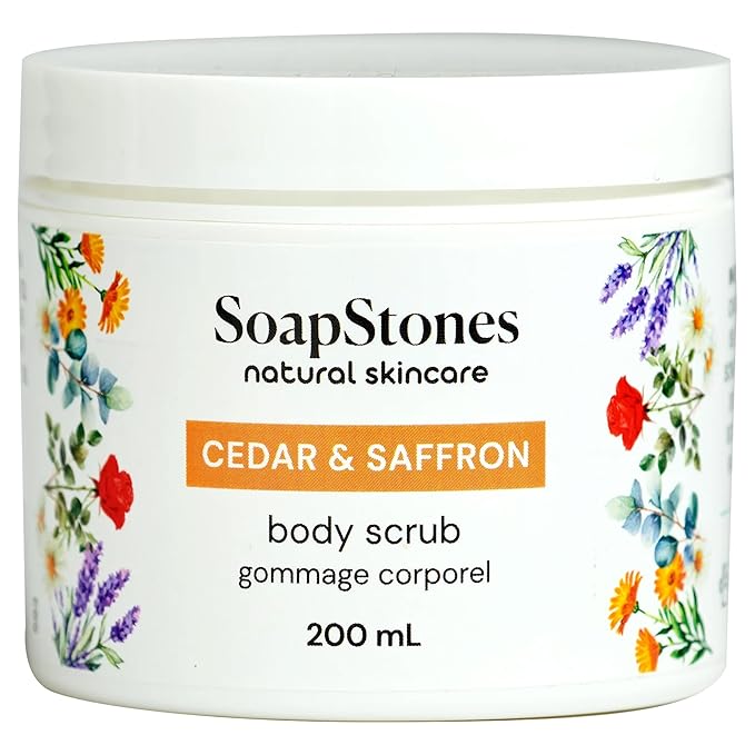 Soapstones Cedar and Saffron Exfoliating Body Scrub - 200 mL - Gentle and Soothing with Safflower Seed Oil - Woodsy, Spicy Aroma Infused Body Scrub Exfoliator