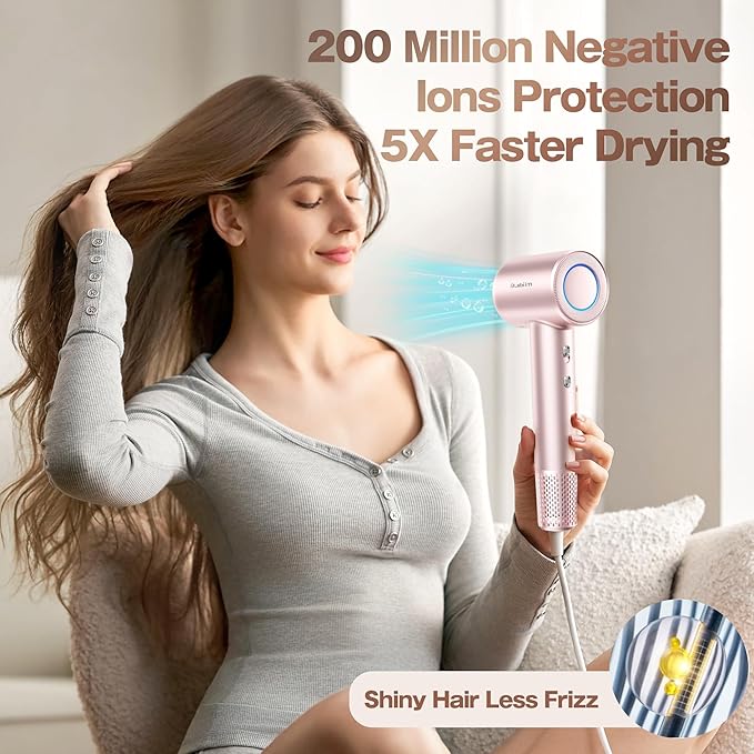 Hair Dryer, High-Speed Ionic Low Noise Blow Dryer with Brushless Motor for Fast Drying, Thermo-Control Quiet Compact Hair Blow Dryer, Hairdryer with 1 Nozzle Attachments for Home Salon Travel
