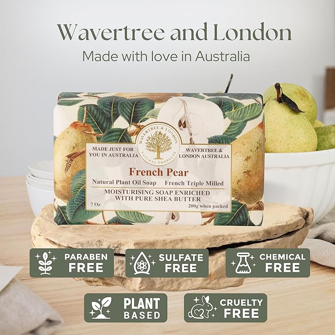 Wavertree & London French Pear Scented Natural Soap Bar, 7oz Moisturizing French Triple Milled Soap Bar for Women & Men Enriched with Organic Shea Butter, Pure Bath & Body Soap (1 Bar)