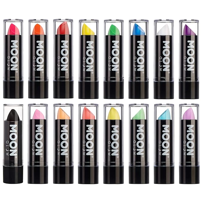 Moon Glow - Blacklight Neon UV Lipstick 0.16oz Set of 16 colours (Pastel & Intense) – Glows brightly under Blacklights/UV Lighting!