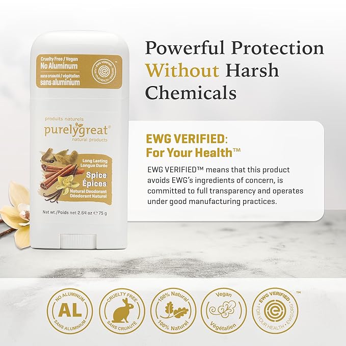 Purelygreat - Spice-Scented Natural Deodorant Stick, Travel-Friendly Hygiene Essentials for Women, Natural Deodorant for Men Without Aluminum & Parabens, 2.64 oz / 75 g