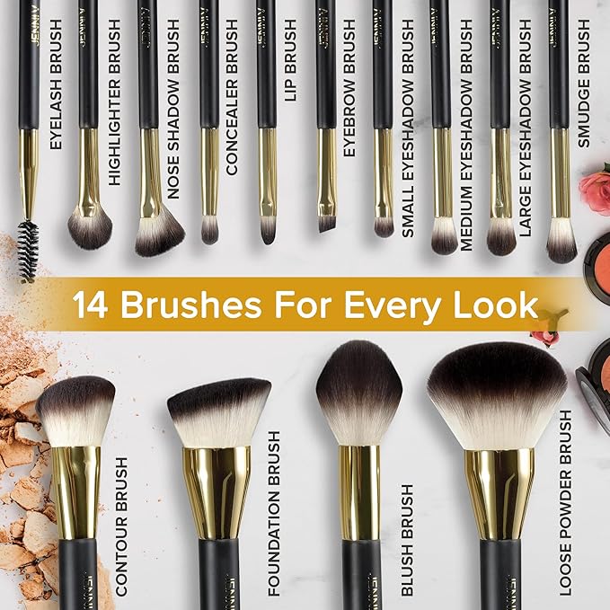 JENNI V Premium Travel Makeup Brushes Set - 14 Pc Mini Makeup Brushes with Handmade Leather Case - Portable Travel Makeup Brush Set with Holder - Travel Size Makeup Products for Blush, Foundation