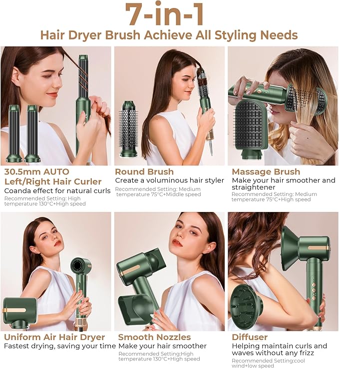 7 in ONE Hair Dryer Brush, Powerful Blow Dryer Brush with Auto- Wrap Curler, Detachable Fast Drying,Volumizing, Curling, Straightening, Ionic Hair Dryer with Diffuser, Hair Styling Tools 100-120V