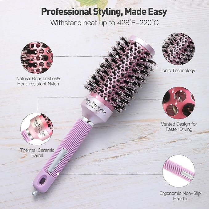 URTHEONE Round Hair Brush for women Blow Drying, Ceramic Ionic Styling Tool with Mixed Bristles and Hair Clips, for Smooth and Voluminous Styles on Medium to Long Hair (1.7 Inch)
