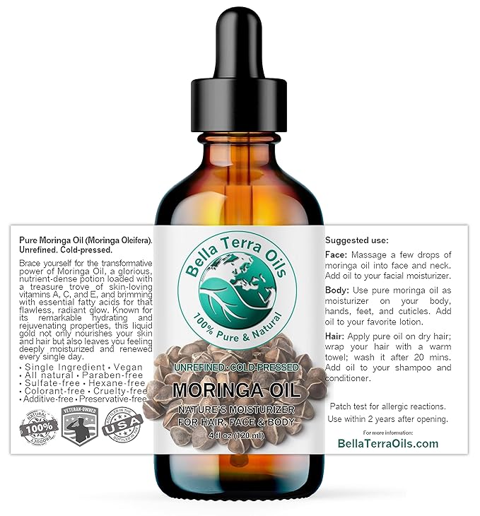 Bella Terra Oils - Organic Moringa Oil 4 oz - Celebrating Pure Premium Organic Moringa, Enriched with Antioxidants, Best for Nourishing Skin’s Natural Glow